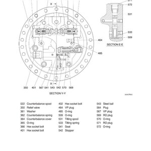Op de afbeelding: Gedetailleerde technische tekening van een reismotor, met onderdelen zoals contragewichtspoelen, ontlastkleppen en O-ringen. Inclusief doorsneden en onderdeelnummers. De tekening is in zwart-wit.