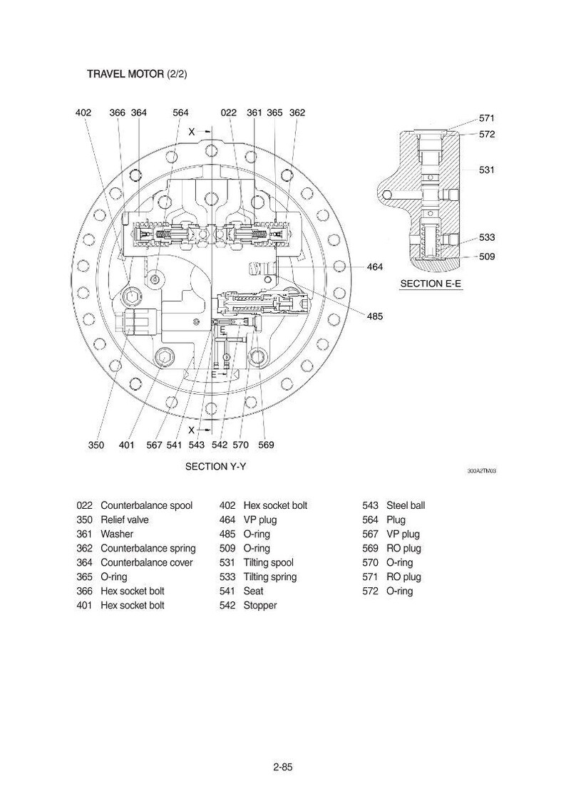 Op de afbeelding: Gedetailleerde technische tekening van een reismotor, met onderdelen zoals contragewichtspoelen, ontlastkleppen en O-ringen. Inclusief doorsneden en onderdeelnummers. De tekening is in zwart-wit.