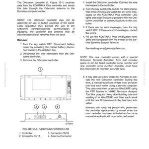 K&ouml;nnte beinhalten: Diagramm eines Orbcomm-Controllers mit nummerierten Komponenten: Controller, Anschluss CN1A, Anschluss CN1B und Antennenanschluss. Textdetails zu Installations- und Entfernungsschritten, einschlie&szlig;lich des Anschlie&szlig;ens von Kabelb&auml;umen und des Einschaltens des Schl&uuml;sselschalters.