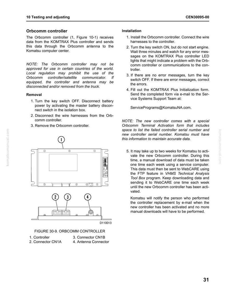 K&ouml;nnte beinhalten: Diagramm eines Orbcomm-Controllers mit nummerierten Komponenten: Controller, Anschluss CN1A, Anschluss CN1B und Antennenanschluss. Textdetails zu Installations- und Entfernungsschritten, einschlie&szlig;lich des Anschlie&szlig;ens von Kabelb&auml;umen und des Einschaltens des Schl&uuml;sselschalters.