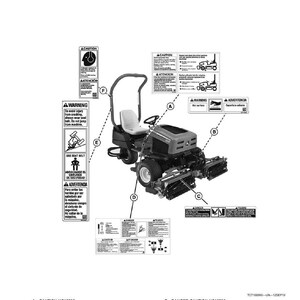May include: Diagram of a riding lawn mower with safety labels. The labels include warnings and cautions in English and Spanish, with text such as "To avoid injury, always wear seat belt." The mower is shown with labeled parts.