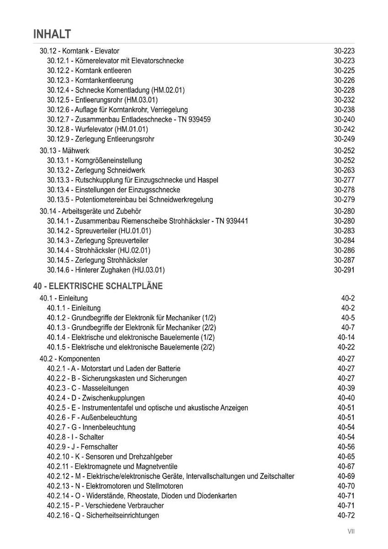 May include: A detailed table of contents in German, listing various mechanical and electrical components with corresponding page numbers. The document is likely a technical manual or guide.