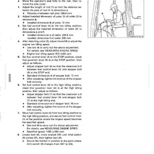 K&ouml;nnte beinhalten: Seite aus einem Handbuch mit Anweisungen zur Motoreinstellung. Die Abbildung zeigt eine Person in einem Fahrzeug. Textdetails mit Messungen in mm. Anweisungen umfassen Kraftstoffregler-Einstellungen und Motordrehzahlanpassungen.