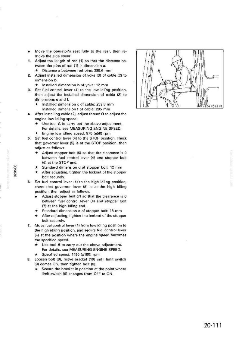 K&ouml;nnte beinhalten: Seite aus einem Handbuch mit Anweisungen zur Motoreinstellung. Die Abbildung zeigt eine Person in einem Fahrzeug. Textdetails mit Messungen in mm. Anweisungen umfassen Kraftstoffregler-Einstellungen und Motordrehzahlanpassungen.