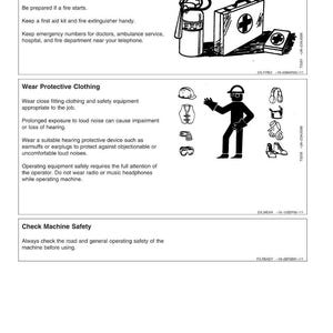 May include: A page from a safety manual with the title "Safety" at the top. The page includes sections on emergency preparedness, protective clothing, and machine safety. Illustrations of a fire extinguisher, first aid kit, and safety gear are included.