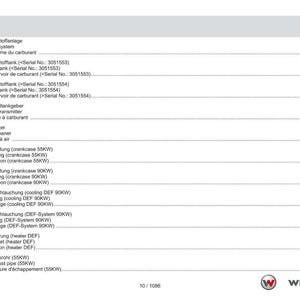 May include: A page from a manual titled "Contents" in English, German, and French. The table of contents lists various components, including fuel systems, air cleaners, and exhaust pipes, with corresponding page numbers.