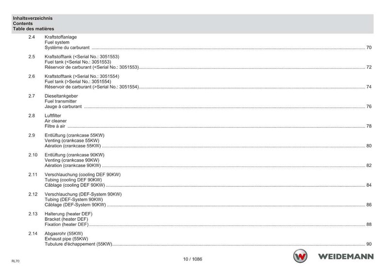 May include: A page from a manual titled "Contents" in English, German, and French. The table of contents lists various components, including fuel systems, air cleaners, and exhaust pipes, with corresponding page numbers.