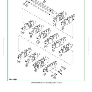 May include: An exploded diagram of control valve components, labeled with numbers. The image shows various valve bodies, fittings, and connecting rods, all in a technical illustration style. The text "TX1135935-UN: Control Valve Exploded Section" is present.