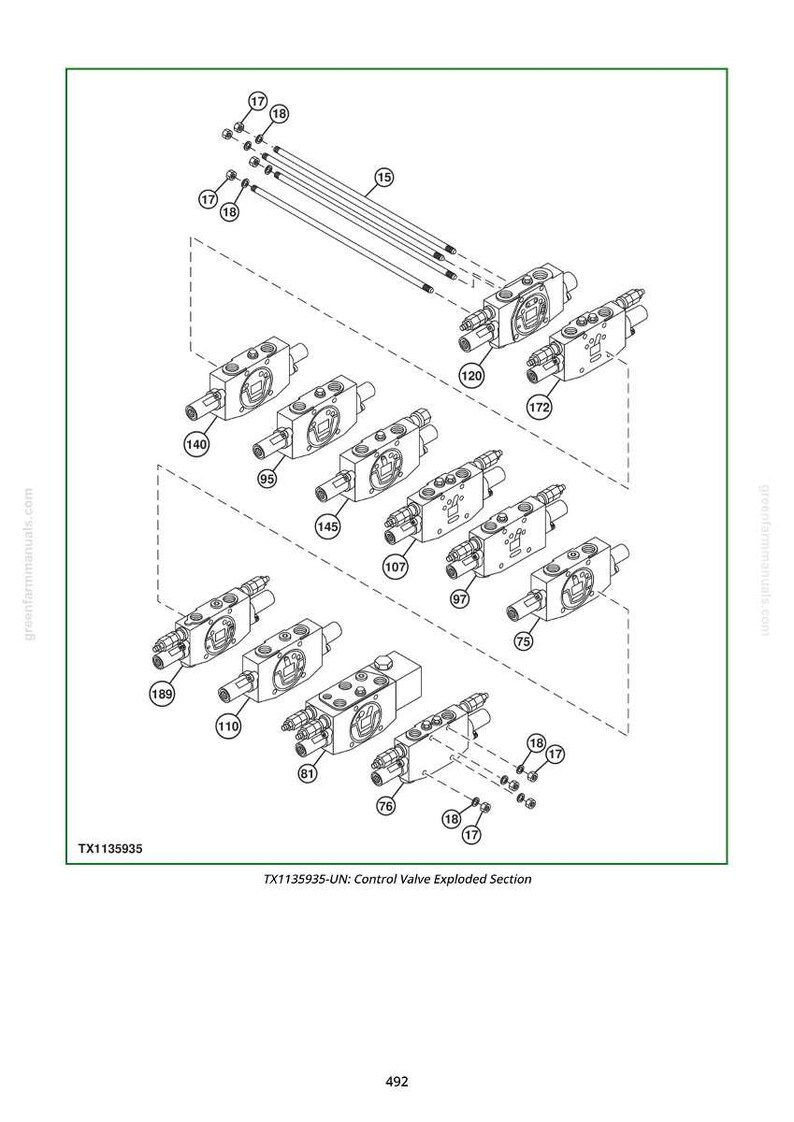 May include: An exploded diagram of control valve components, labeled with numbers. The image shows various valve bodies, fittings, and connecting rods, all in a technical illustration style. The text "TX1135935-UN: Control Valve Exploded Section" is present.