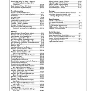 May include: A printed page from a manual, titled "Contents," with a list of topics and page numbers. Topics include mower operation, storage, and service procedures. The page is white with black text.