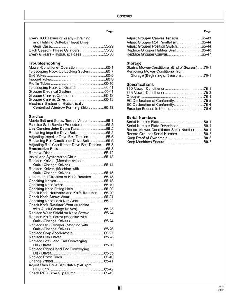 May include: A printed page from a manual, titled "Contents," with a list of topics and page numbers. Topics include mower operation, storage, and service procedures. The page is white with black text.