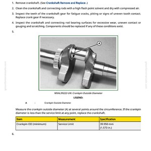 May include: Diagram of a crankshaft inspection procedure. The image shows a detailed view of a crankshaft with a gear and connecting rod. Text includes instructions for inspection and measurements, with a minimum crankpin OD of 1.573 inches.