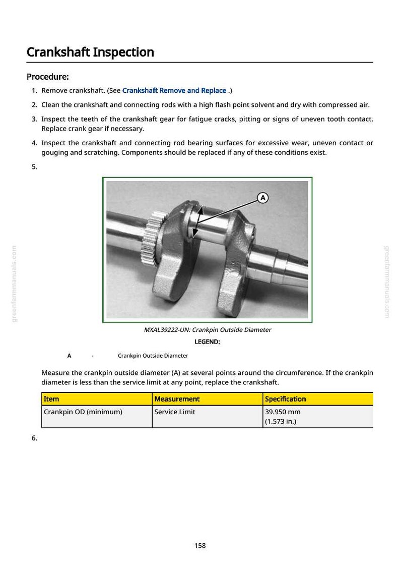 May include: Diagram of a crankshaft inspection procedure. The image shows a detailed view of a crankshaft with a gear and connecting rod. Text includes instructions for inspection and measurements, with a minimum crankpin OD of 1.573 inches.
