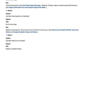 K&ouml;nnte beinhalten: Eine wei&szlig;e Seite mit schwarzem Text, der die Schritte zur Fahrzeugdiagnose detailliert. Der Text enth&auml;lt Fragen, Ergebnisse (JA/NEIN) und zu ergreifende Ma&szlig;nahmen, wie z. B. die &Uuml;berpr&uuml;fung des Thermostats und der Austausch von Teilen. Die Seitenzahl 145 befindet sich unten.