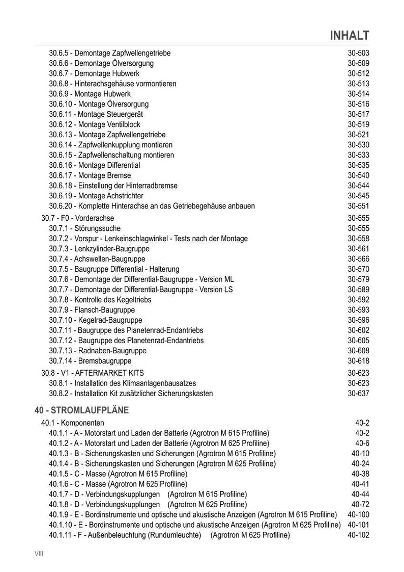 May include: A detailed table of contents from a manual, listing various mechanical components and procedures. The text includes terms like 'Demontage,' 'Montage,' and 'Baugruppe,' with corresponding page numbers. The document is in black and white.