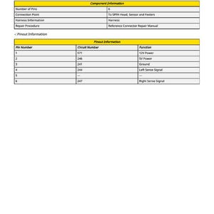May include: Diagram of the X8000 - SPFH Head, Sensor and Feelers Connector. The component information includes the number of pins, connection point, harness information, and repair procedure. The pinout information includes pin number, circuit number, and function.