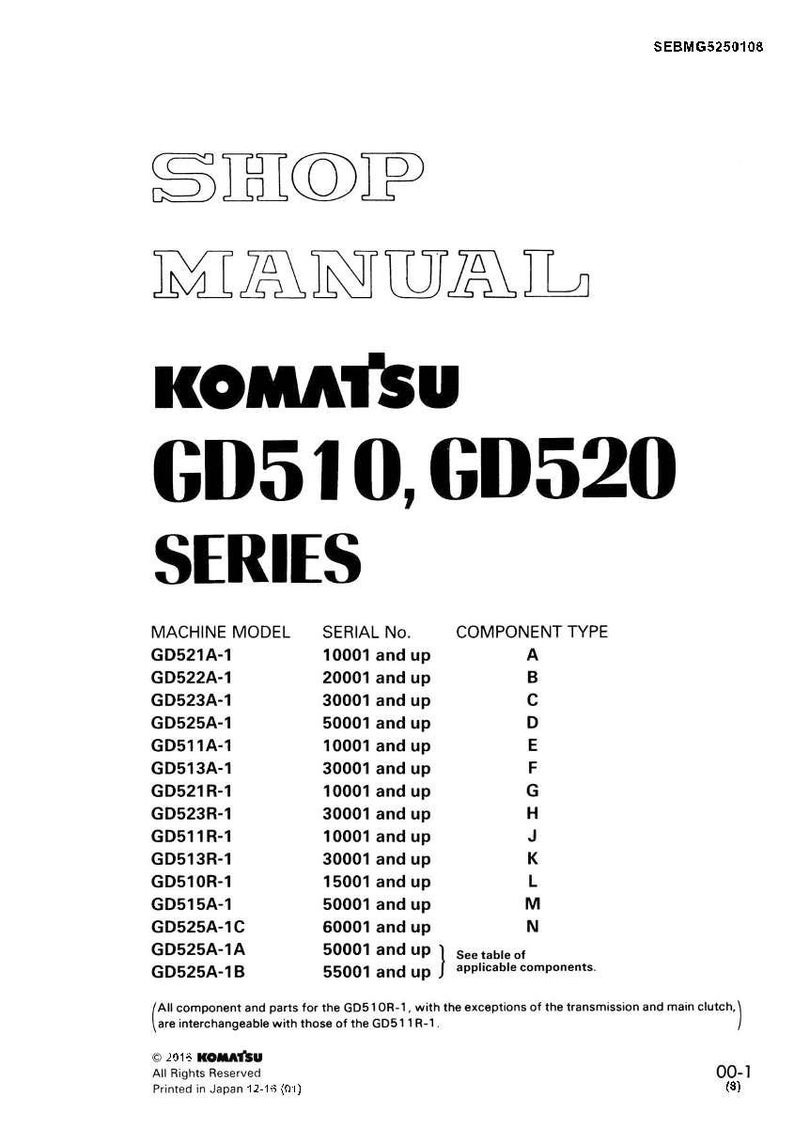 May include: A white shop manual for Komatsu GD510, GD520 series machines. The manual includes a table of machine models, serial numbers, and component types. The Komatsu logo is prominently displayed.