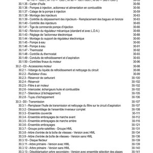 May include: A detailed table of contents, listing various engine and transmission components. Includes sections on lubrication, fuel injection, cooling systems, and transmission parts. The page numbers are listed on the right side.