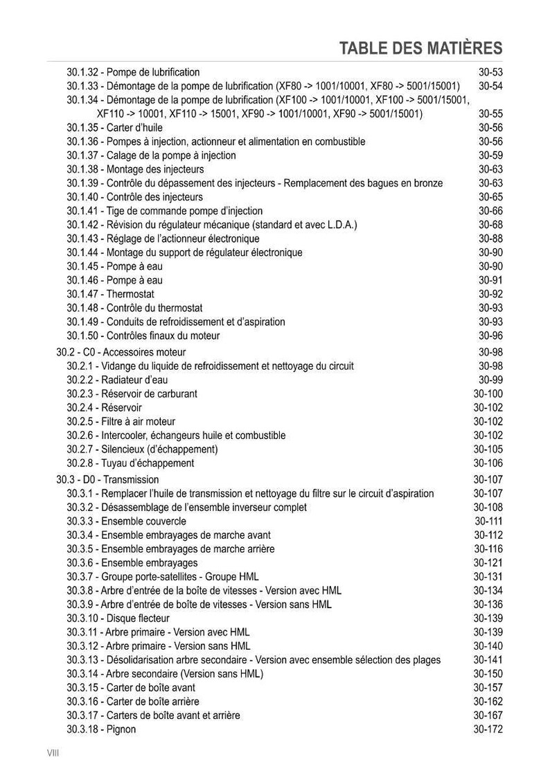 May include: A detailed table of contents, listing various engine and transmission components. Includes sections on lubrication, fuel injection, cooling systems, and transmission parts. The page numbers are listed on the right side.