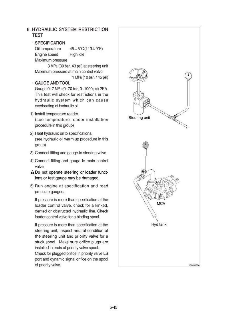 Puede incluir: Diagrama de una prueba de restricci&oacute;n del sistema hidr&aacute;ulico, que incluye especificaciones de temperatura del aceite y velocidad del motor. La imagen muestra una unidad de direcci&oacute;n, una v&aacute;lvula de control principal (MCV) y un dep&oacute;sito hidr&aacute;ulico.