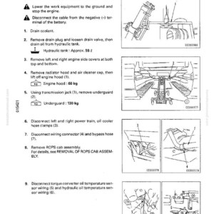 May include: A black and white technical diagram from a Komatsu manual detailing the removal of an engine assembly. The diagram includes step-by-step instructions and illustrations, with measurements in kilograms.