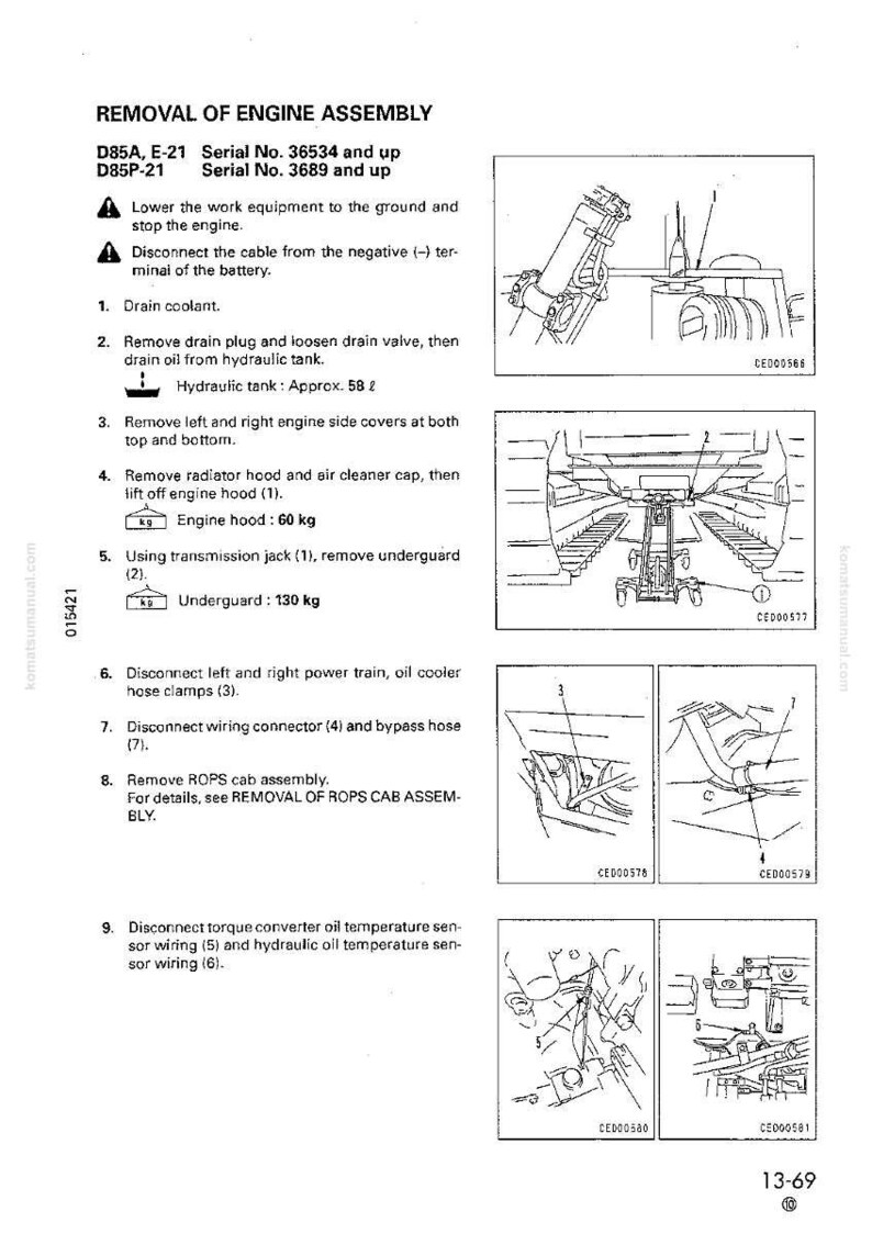 May include: A black and white technical diagram from a Komatsu manual detailing the removal of an engine assembly. The diagram includes step-by-step instructions and illustrations, with measurements in kilograms.