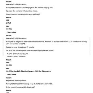 May include: A page from a manual titled "Diagnostics" with numbered procedures and instructions. The text includes steps for checking various combine functions, such as the area counter and header width, with "YES" and "NO" results.