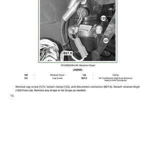 May include: Diagram of an engine component with labels. The image shows a receiver-dryer, cap screw, and clamp. Text includes "TX1269024A-UN: Receiver-Dryer" and instructions for removal.