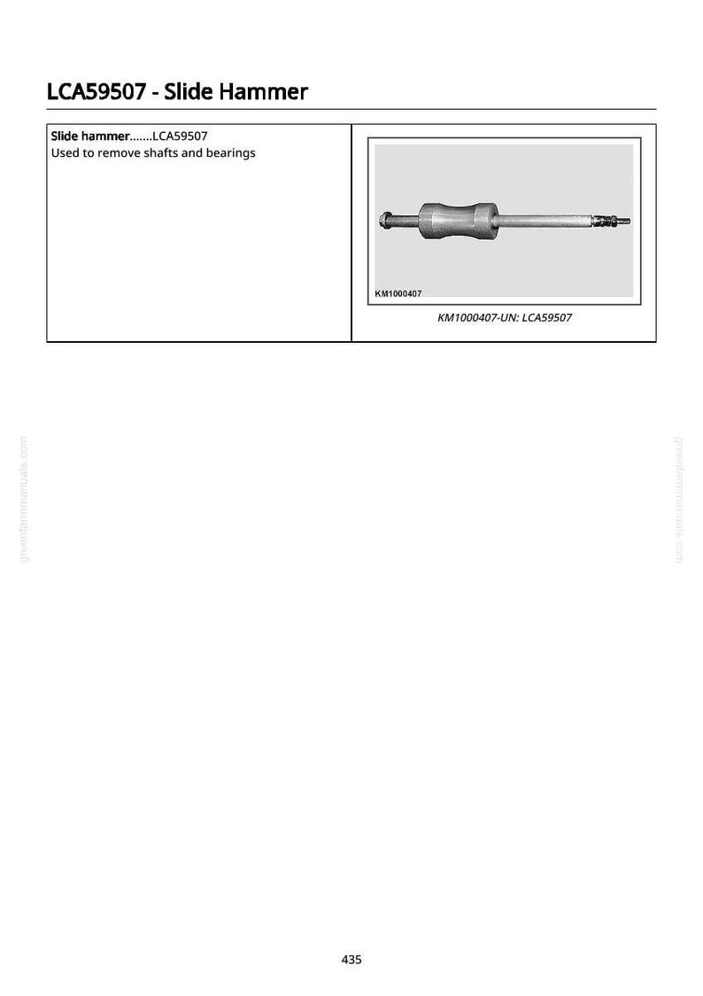 May include: Image of a slide hammer, a tool used to remove shafts and bearings. The tool is gray and black, with a handle and a long shaft. The text "LCA59507 - Slide Hammer" is at the top of the image.