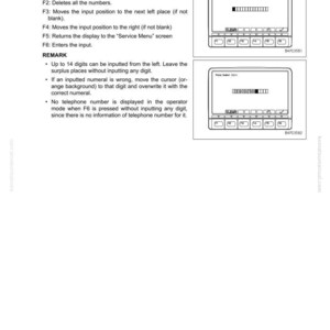 May include: Diagram of a machine monitor screen with the text "Phone Number Entry". The screen displays a series of buttons and a numerical input field. Instructions and remarks are listed above the diagrams.