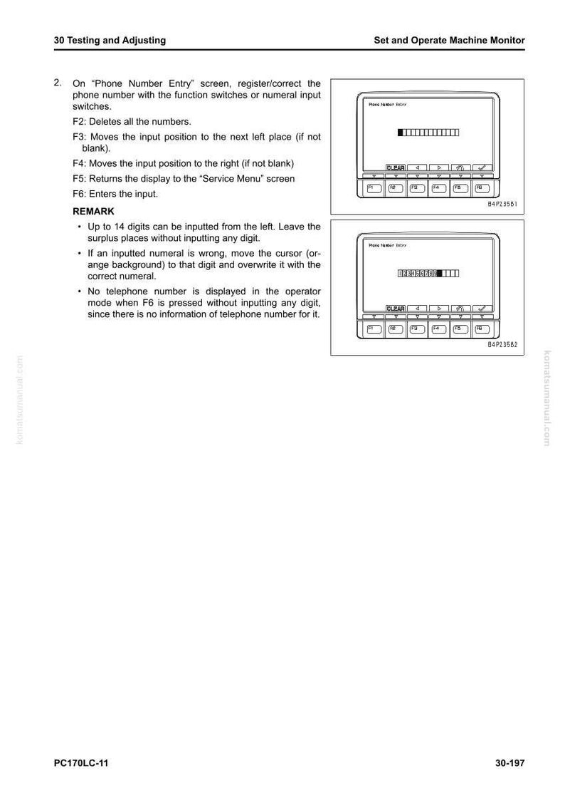 May include: Diagram of a machine monitor screen with the text "Phone Number Entry". The screen displays a series of buttons and a numerical input field. Instructions and remarks are listed above the diagrams.