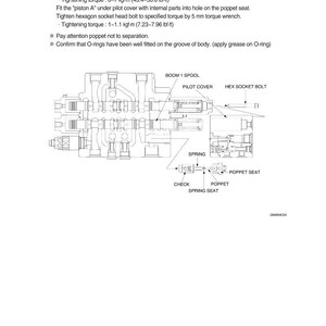 May include: Diagram of a mechanical assembly with labels including "BOOM 1 SPOOL", "PILOT COVER", and "HEX SOCKET BOLT". Instructions detail tightening torques in lbf-ft and kgf-m. Components include a spring, poppet seat, check, and poppet.