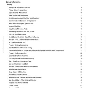 K&ouml;nnte beinhalten: Eine wei&szlig;e Seite mit dem Titel "Inhaltsverzeichnis" und einer Liste von sicherheitsrelevanten Themen. Die Themen umfassen "Sicherheitsinformationen erkennen", "Sicherheitsanweisungen befolgen" und "Br&auml;nde verhindern, Tr&uuml;mmer von der Maschine reinigen".