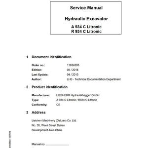 May include: A white document titled "Service Manual" for a Hydraulic Excavator, featuring the models A 934 C Litronic and R 934 C Litronic. The document includes details like order number, edition, and manufacturer information.
