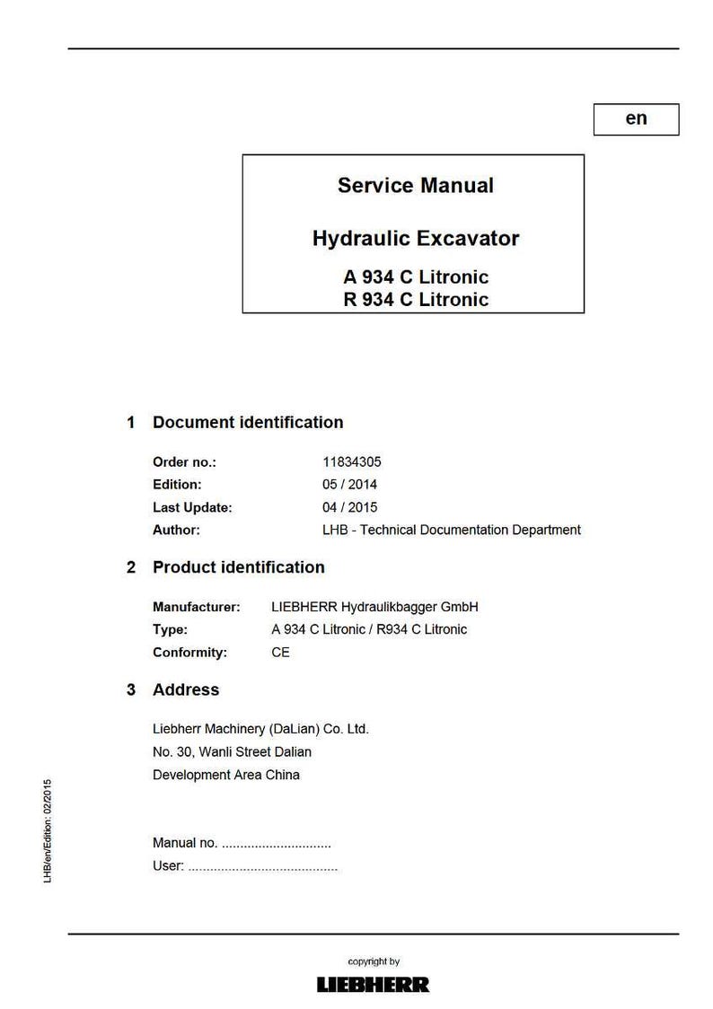 May include: A white document titled "Service Manual" for a Hydraulic Excavator, featuring the models A 934 C Litronic and R 934 C Litronic. The document includes details like order number, edition, and manufacturer information.
