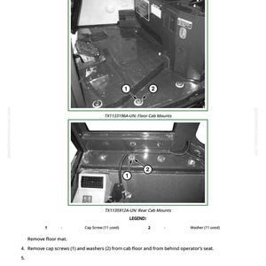 May include: Diagrams showing floor and rear cab mounts with cap screws and washers. The image includes the text "TX1133196A-UN: Floor Cab Mounts" and "TX1135912A-UN: Rear Cab Mounts". The legend indicates the use of cap screws and washers.