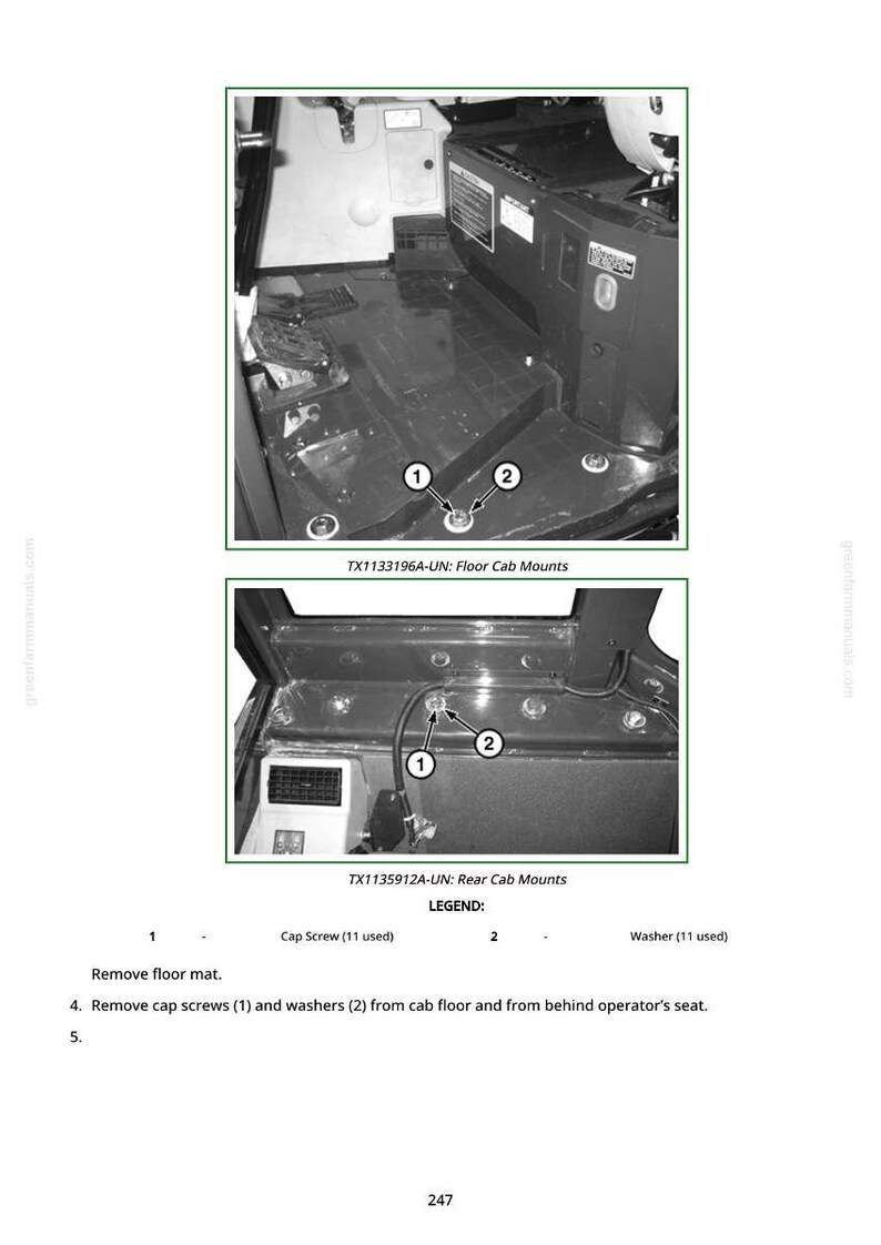 May include: Diagrams showing floor and rear cab mounts with cap screws and washers. The image includes the text "TX1133196A-UN: Floor Cab Mounts" and "TX1135912A-UN: Rear Cab Mounts". The legend indicates the use of cap screws and washers.
