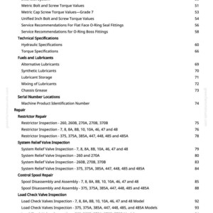 May include: A page from a manual with a table of contents. The headings include "Technical Specifications", "Fuels and Lubricants", and "Repair". The page numbers are listed on the right side of the page.