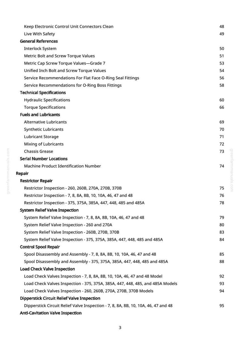 May include: A page from a manual with a table of contents. The headings include "Technical Specifications", "Fuels and Lubricants", and "Repair". The page numbers are listed on the right side of the page.