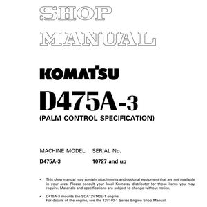 Puede incluir: Un manual de taller blanco con el texto "SHOP MANUAL" en negrita y contorneado. El logotipo de Komatsu y "D475A-3" se muestran de forma destacada. El manual incluye especificaciones y detalles del modelo.