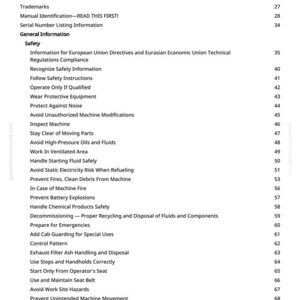 K&ouml;nnte beinhalten: Eine Seite aus einem Handbuch mit dem Titel &bdquo;Inhaltsverzeichnis&ldquo;. Der Text listet Sicherheitsrichtlinien auf, darunter Themen wie Brandverh&uuml;tung, Umgang mit Fl&uuml;ssigkeiten und sichere Maschinenbedienung. Die Seitenzahl ist 2.