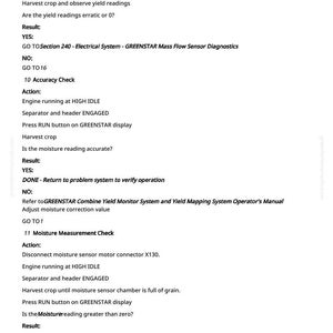 May include: A white page with black text detailing diagnostic steps for agricultural machinery. The text includes instructions for checking accuracy, moisture readings, and electrical systems, with references to a GREENSTAR display.