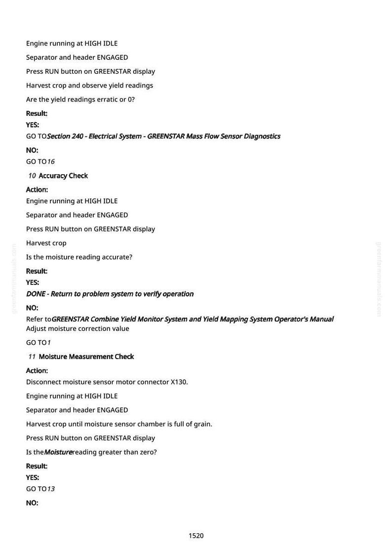 May include: A white page with black text detailing diagnostic steps for agricultural machinery. The text includes instructions for checking accuracy, moisture readings, and electrical systems, with references to a GREENSTAR display.