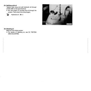 May include: A page from a manual with the title "DISASSEMBLY AND ASSEMBLY" and "CENTER HINGE PIN". The page includes instructions for refilling with oil and bleeding air, along with a diagram of a machine component. The text "Hydraulic oil: 55 l" is visible.