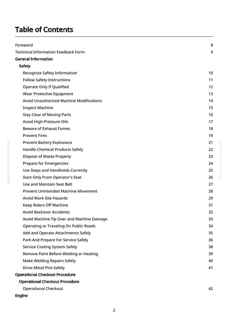 May include: A white page with a black "Table of Contents" heading. The list includes safety topics like "Wear Protective Equipment" and "Prevent Fires". The page number is visible at the bottom.