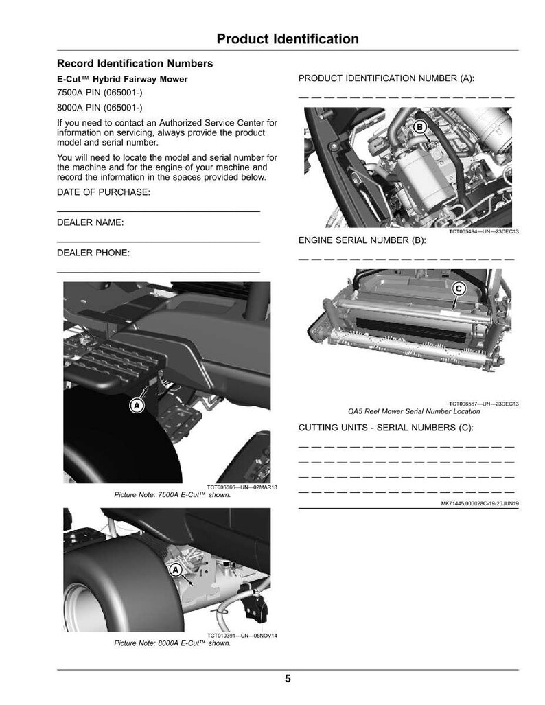 May include: A product identification sheet for an E-Cut&trade; Hybrid Fairway Mower. The document includes diagrams of mower components, serial number locations, and spaces to record purchase details. Text includes model numbers and instructions.