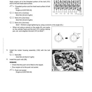 Op de afbeelding: Een pagina uit een handleiding met instructies voor het verwijderen en installeren van een cilinderkop. Bevat diagrammen, aanhaalmomenten in Nm en kgf-m en instructies voor het aandraaien van bouten.