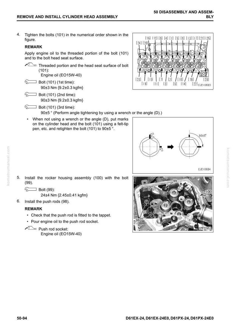 Op de afbeelding: Een pagina uit een handleiding met instructies voor het verwijderen en installeren van een cilinderkop. Bevat diagrammen, aanhaalmomenten in Nm en kgf-m en instructies voor het aandraaien van bouten.