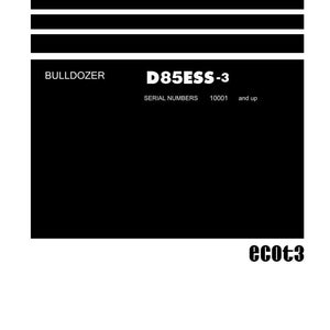 Op de afbeelding: Een zwart-wit Shop Manual voor een D85ESS-3 bulldozer. De handleiding bevat de tekst "Serienummers 10001 en hoger" en het Komatsu-logo.