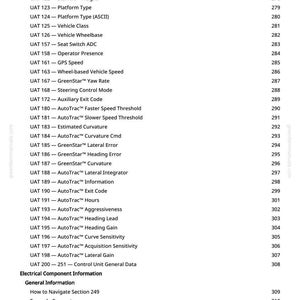 May include: A white page with a list of technical specifications, including terms like "CLS Safety Controller DTC," "Vehicle Wheelbase," and "AutoTrac&trade;." The document is from greenfarmmanuals.com and includes page numbers.
